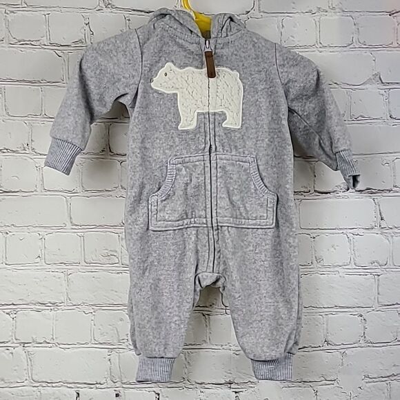 Carters 3M Gray Polar Bear Sherpa Fleece Hoodie One-Piece Jumper Winter Outfit - Picture 2 of 8